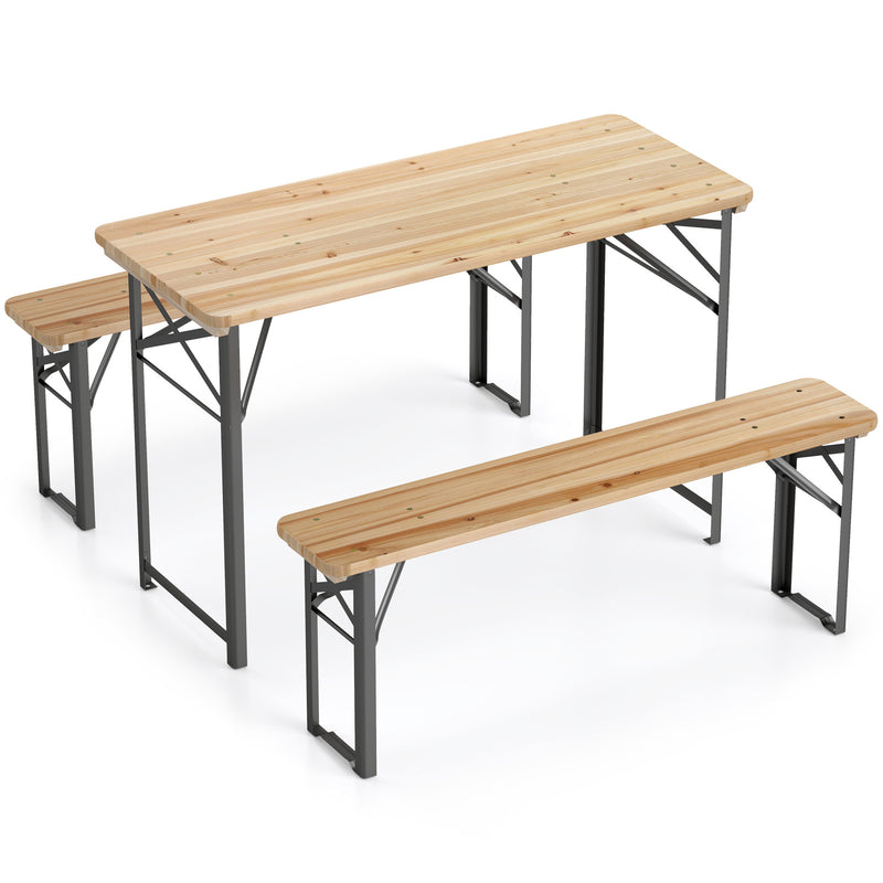 Costway - 3-Piece Folding Picnic Table with Benches Fir Wood Portable Bear Camping SET-Natural