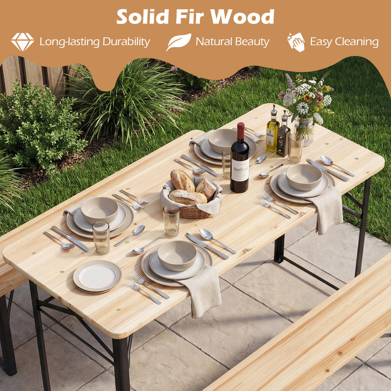 Costway - 3-Piece Folding Picnic Table with Benches Fir Wood Portable Bear Camping SET-Natural