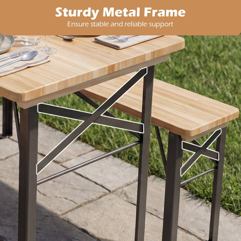 Costway - 3-Piece Folding Picnic Table with Benches Fir Wood Portable Bear Camping SET-Natural