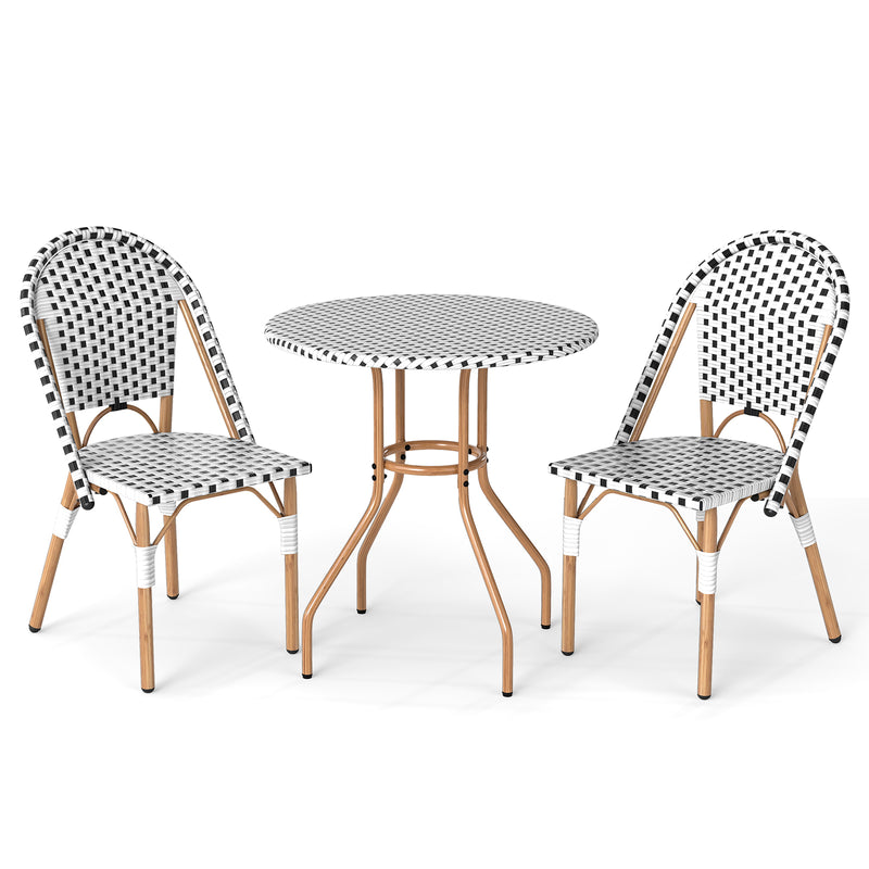 Costway - 3 Piece French Bistro Table Chair Set with Outdoor Wicker Round Table and 2 Dining Chairs