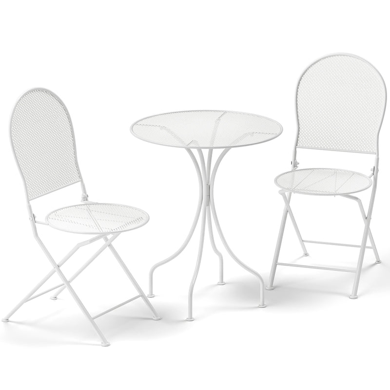 Costway - 3 Piece Metal Bistro Patio Round Table and 2 Folding Chairs Set-White