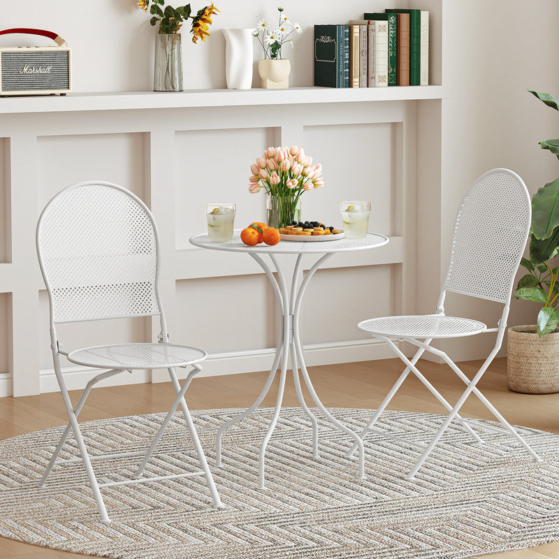 Costway - 3 Piece Metal Bistro Patio Round Table and 2 Folding Chairs Set-White