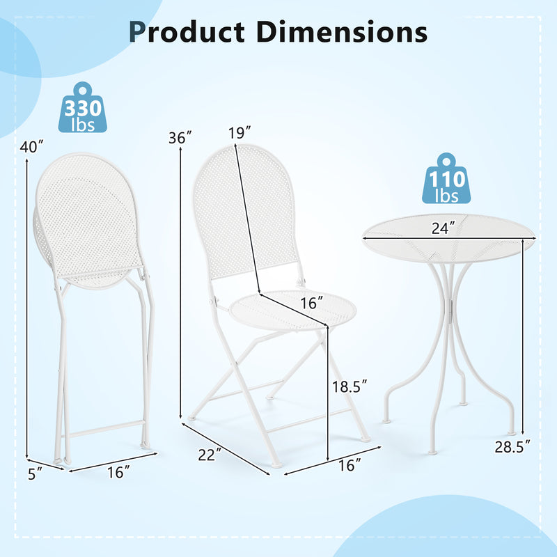 Costway - 3 Piece Metal Bistro Patio Round Table and 2 Folding Chairs Set-White