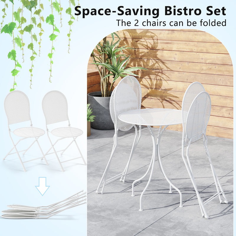 Costway - 3 Piece Metal Bistro Patio Round Table and 2 Folding Chairs Set-White