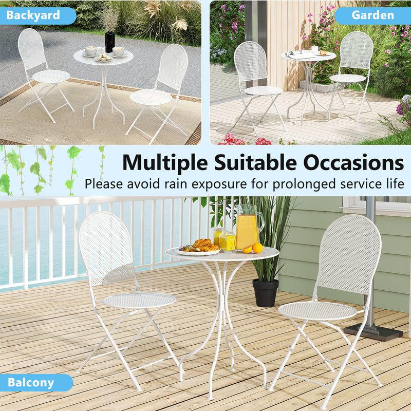 Costway - 3 Piece Metal Bistro Patio Round Table and 2 Folding Chairs Set-White