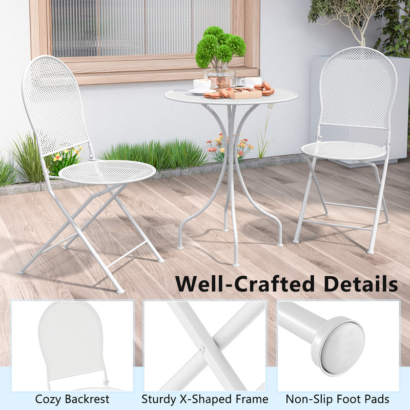 Costway - 3 Piece Metal Bistro Patio Round Table and 2 Folding Chairs Set-White