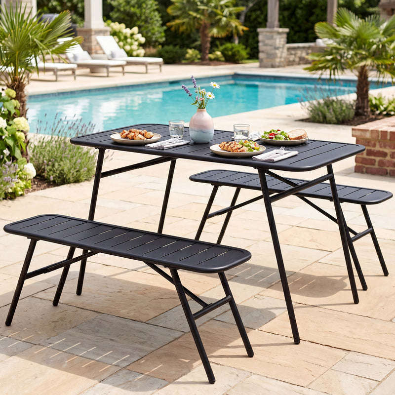 Costway - 3-Piece Outdoor Dining Set with Coffee Table and 2 Benches for Backyard Deck-Black