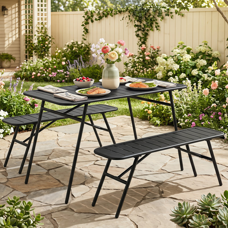 Costway - 3-Piece Outdoor Dining Set with Coffee Table and 2 Benches for Backyard Deck-Black