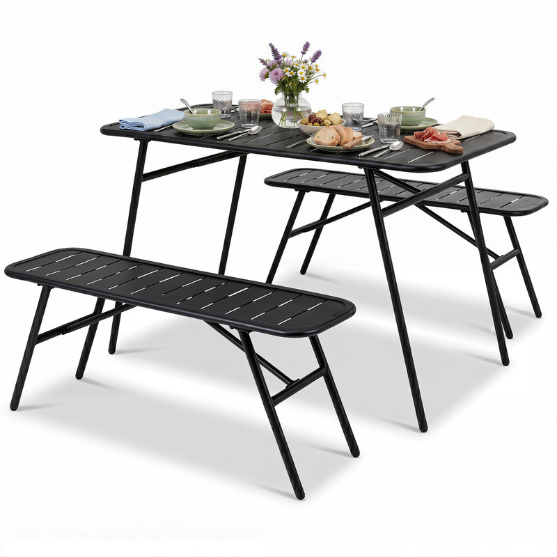Costway - 3-Piece Outdoor Dining Set with Coffee Table and 2 Benches for Backyard Deck-Black