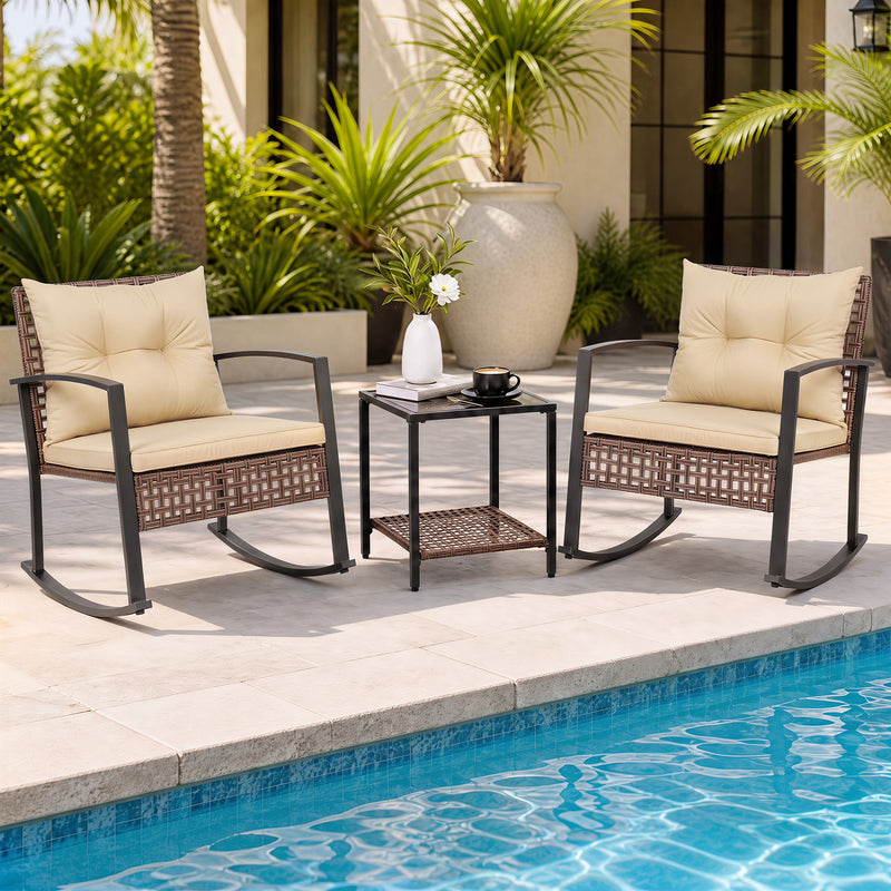 Costway - 3-Piece Outdoor Rocking Chair Set-Brown