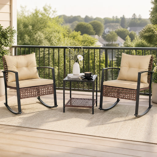 Costway - 3-Piece Outdoor Rocking Chair Set-Brown