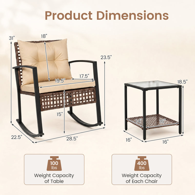Costway - 3-Piece Outdoor Rocking Chair Set-Brown