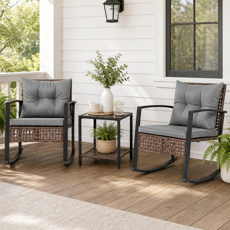 Costway - 3-Piece Outdoor Rocking Chair Set-Gray