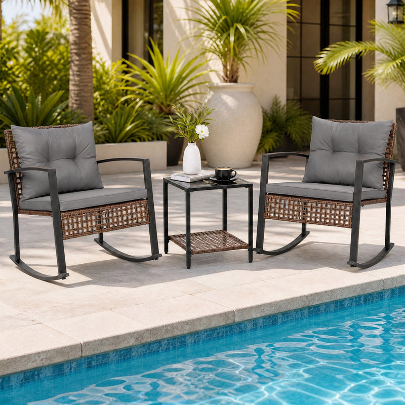 Costway - 3-Piece Outdoor Rocking Chair Set-Gray