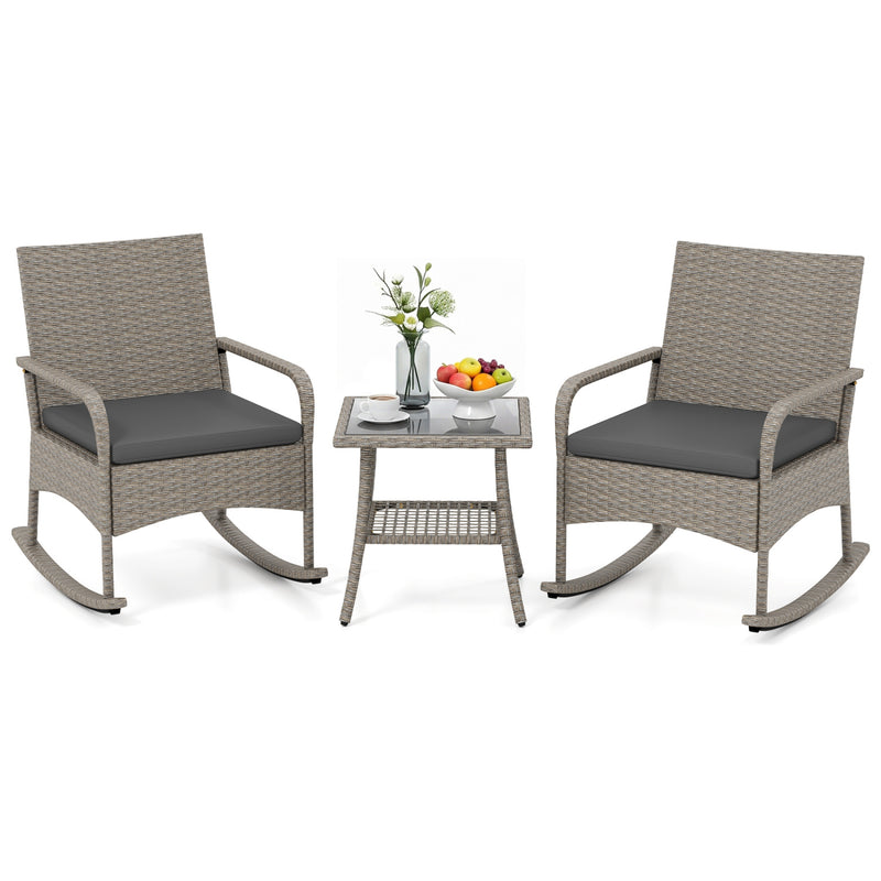 Costway - 3-Piece Wicker Rocking Bistro Set with Cushions for Garden Backyard Porch-Gray