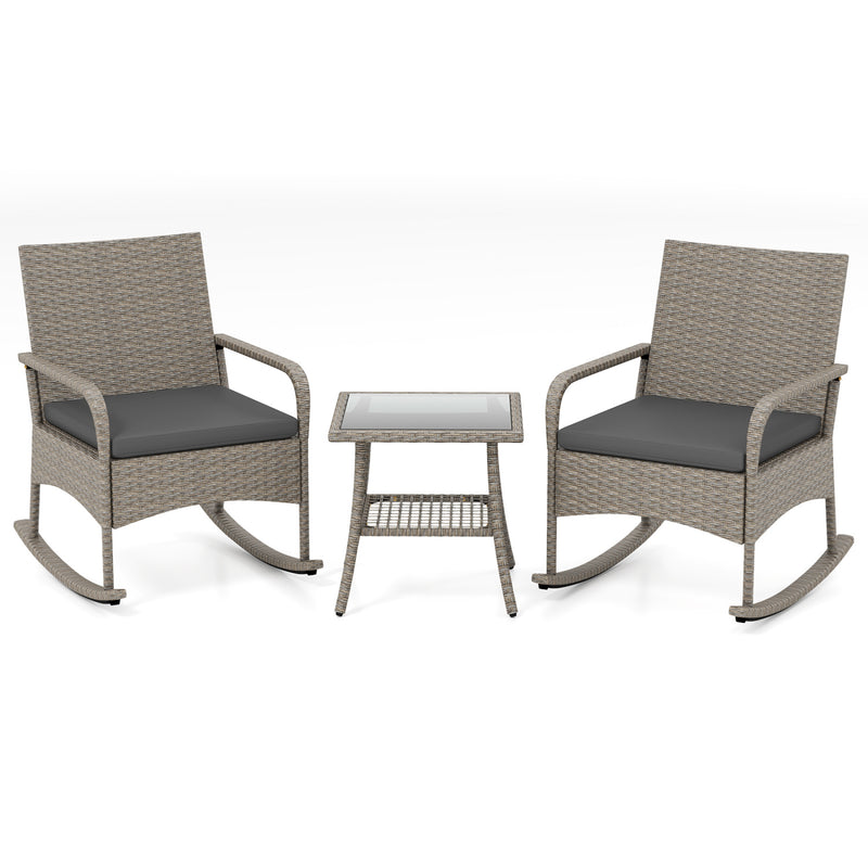 Costway - 3-Piece Wicker Rocking Bistro Set with Cushions for Garden Backyard Porch-Gray