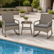 Costway - 3-Piece Wicker Rocking Bistro Set with Cushions for Garden Backyard Porch-Gray