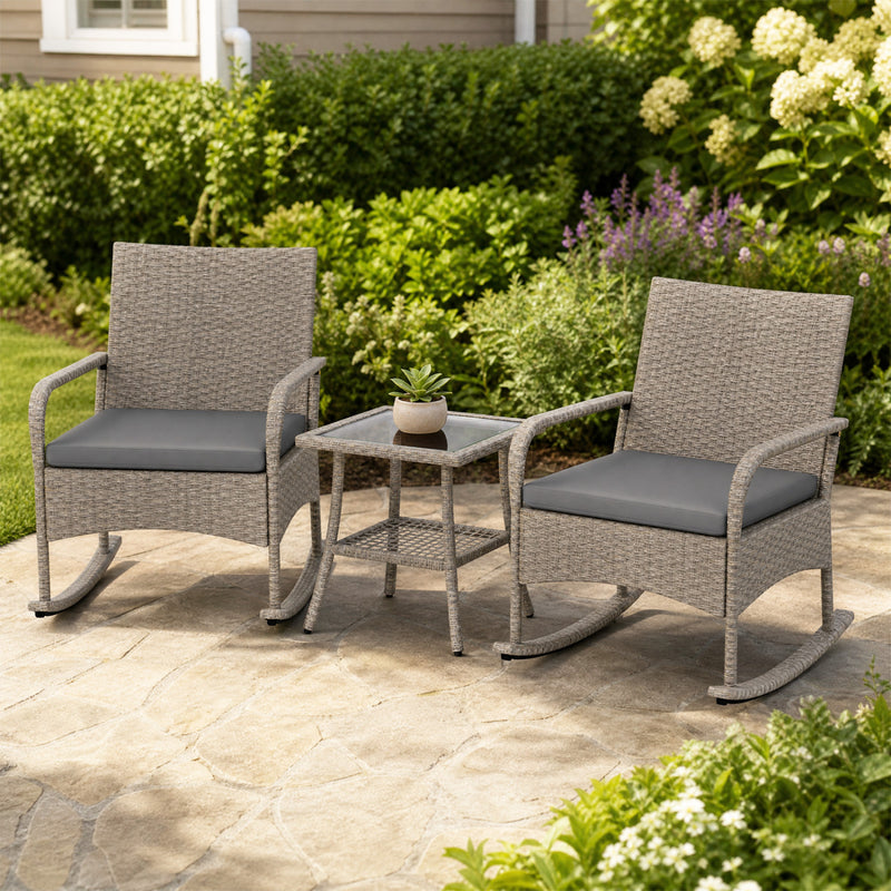 Costway - 3-Piece Wicker Rocking Bistro Set with Cushions for Garden Backyard Porch-Gray