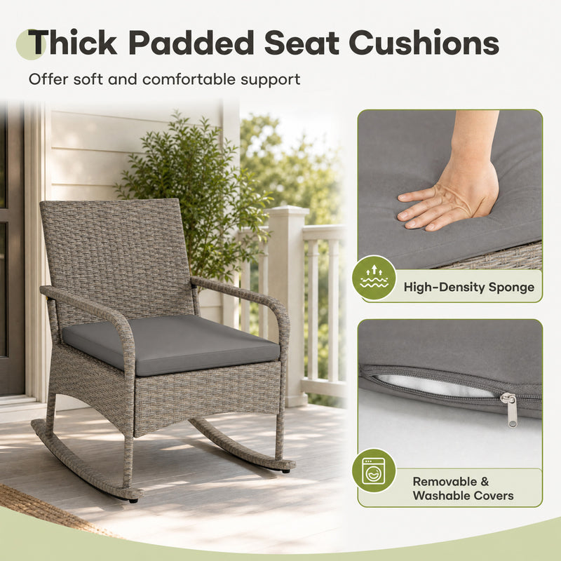 Costway - 3-Piece Wicker Rocking Bistro Set with Cushions for Garden Backyard Porch-Gray