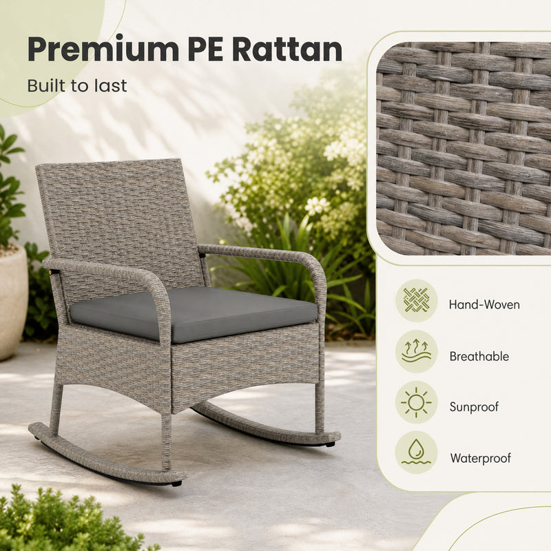 Costway - 3-Piece Wicker Rocking Bistro Set with Cushions for Garden Backyard Porch-Gray