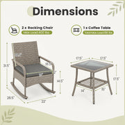 Costway - 3-Piece Wicker Rocking Bistro Set with Cushions for Garden Backyard Porch-Gray