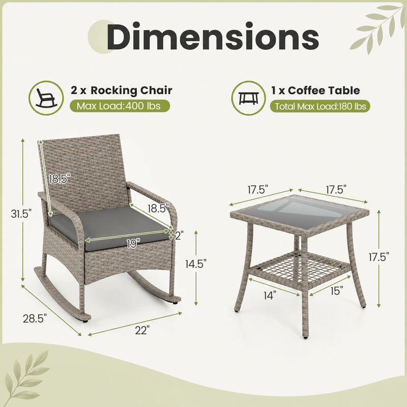 Costway - 3-Piece Wicker Rocking Bistro Set with Cushions for Garden Backyard Porch-Gray