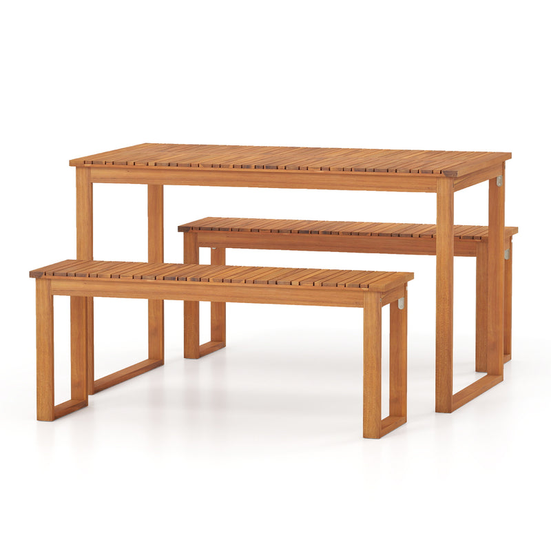 Costway - 3 Pieces Acacia Wood Picnic Set with Outdoor Dining Table and 2 Benches for 4 People