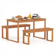 Costway - 3 Pieces Acacia Wood Picnic Set with Outdoor Dining Table and 2 Benches for 4 People