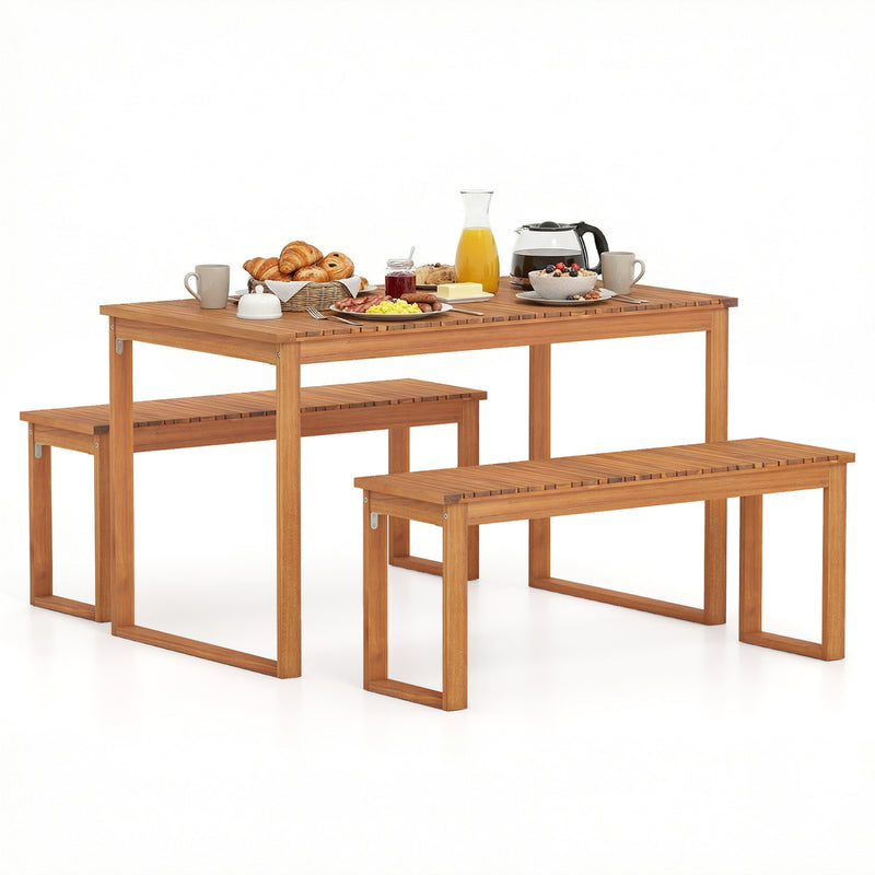 Costway - 3 Pieces Acacia Wood Picnic Set with Outdoor Dining Table and 2 Benches for 4 People