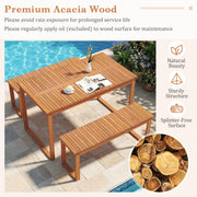 Costway - 3 Pieces Acacia Wood Picnic Set with Outdoor Dining Table and 2 Benches for 4 People