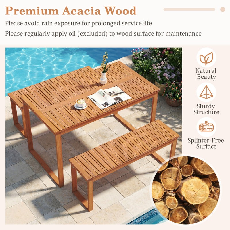 Costway - 3 Pieces Acacia Wood Picnic Set with Outdoor Dining Table and 2 Benches for 4 People