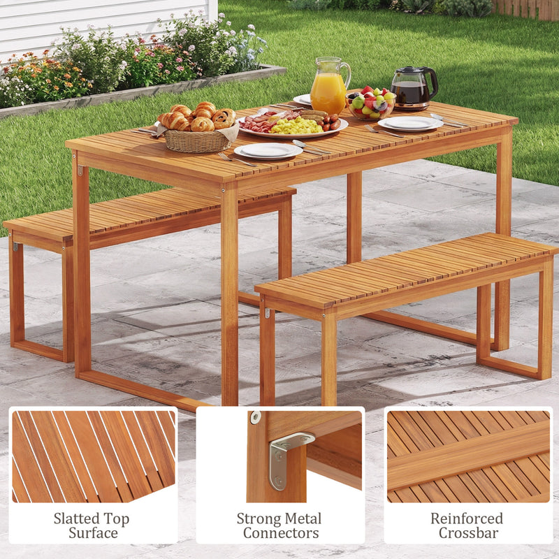 Costway - 3 Pieces Acacia Wood Picnic Set with Outdoor Dining Table and 2 Benches for 4 People