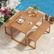 Costway - 3 Pieces Acacia Wood Picnic Set with Outdoor Dining Table and 2 Benches for 4 People