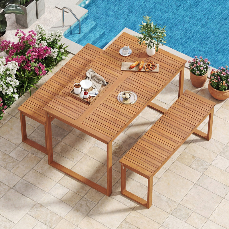 Costway - 3 Pieces Acacia Wood Picnic Set with Outdoor Dining Table and 2 Benches for 4 People