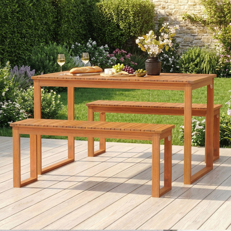 Costway - 3 Pieces Acacia Wood Picnic Set with Outdoor Dining Table and 2 Benches for 4 People