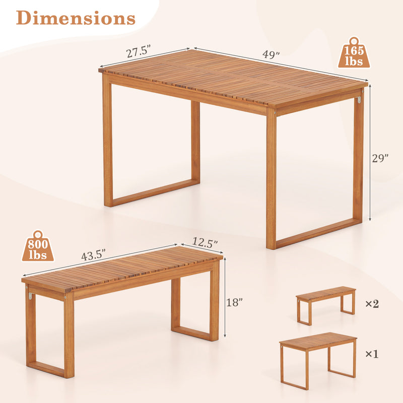 Costway - 3 Pieces Acacia Wood Picnic Set with Outdoor Dining Table and 2 Benches for 4 People