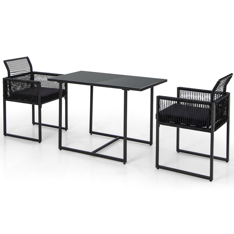 Costway - 3 Pieces Outdoor Dining Set with Folding Backrest and Seat Cushion-Black
