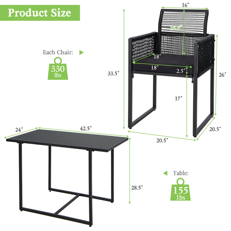 Costway - 3 Pieces Outdoor Dining Set with Folding Backrest and Seat Cushion-Black