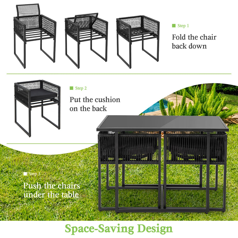 Costway - 3 Pieces Outdoor Dining Set with Folding Backrest and Seat Cushion-Black