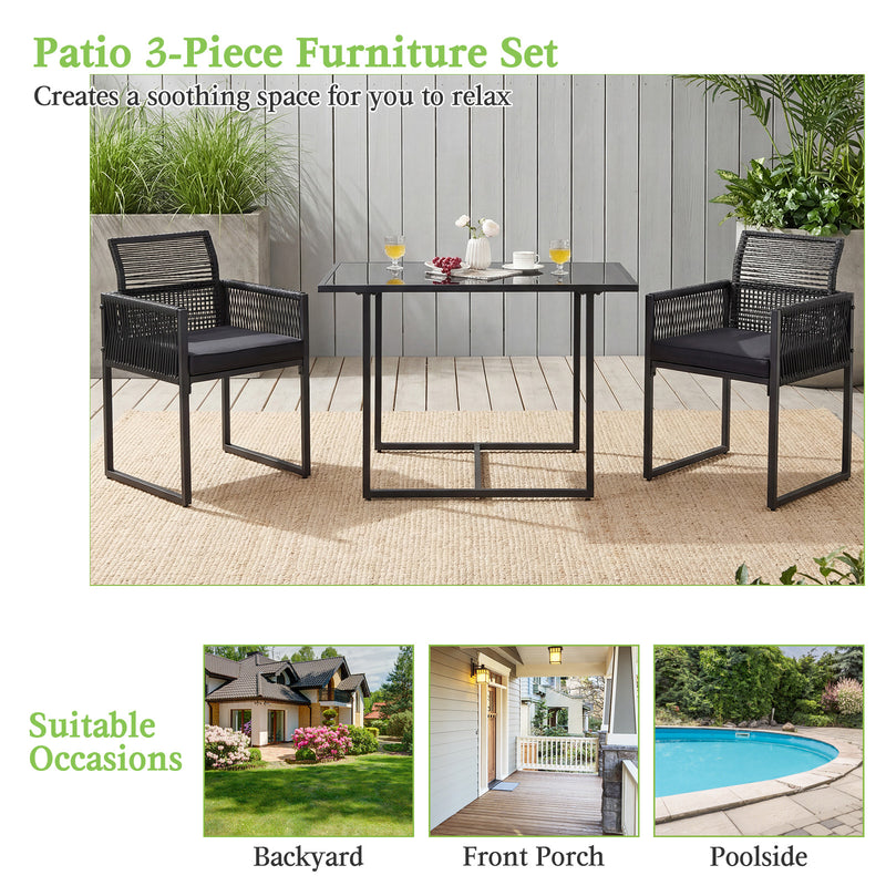 Costway - 3 Pieces Outdoor Dining Set with Folding Backrest and Seat Cushion-Black