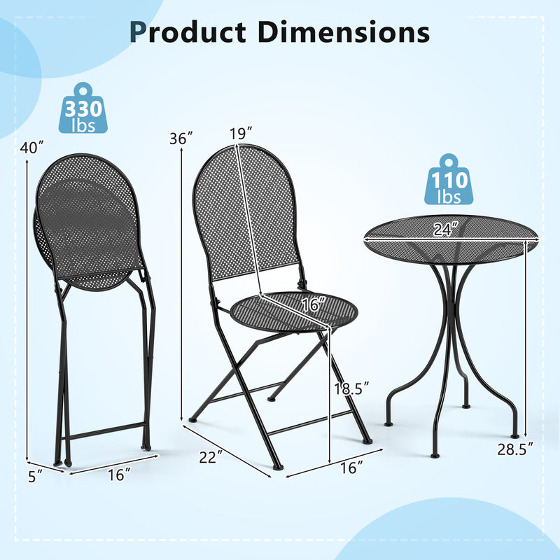 Costway - 3 Pieces Patio Bistro Set Outdoor Conversation Furniture Table and Folding Chair
