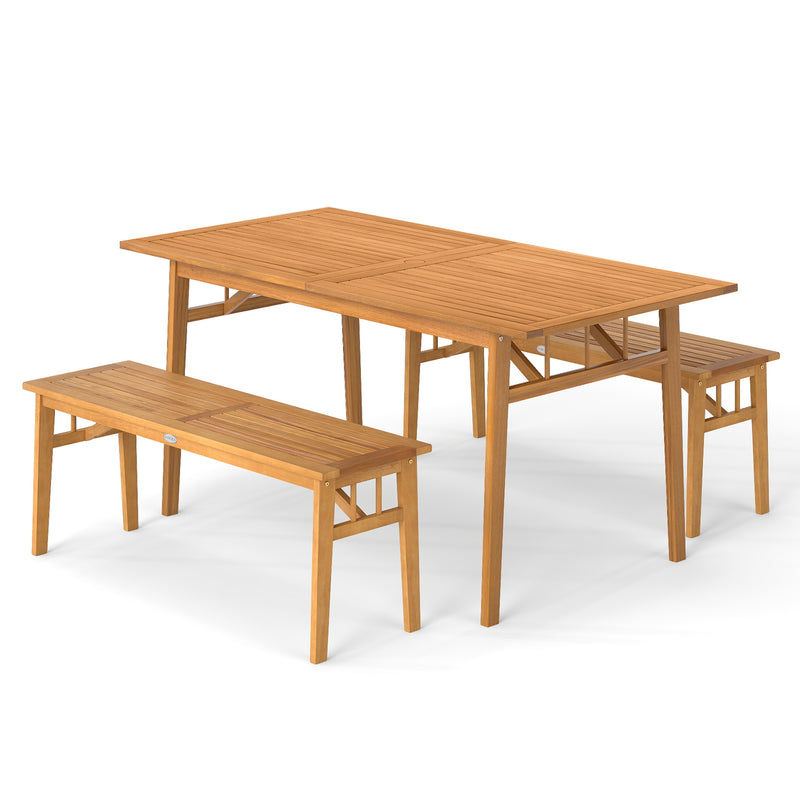 Costway - 3 Pieces Patio Dining Set Acacia Wood Outdoor Rectangular Picnic Table and 2 Benches
