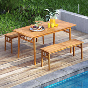 Costway - 3 Pieces Patio Dining Set Acacia Wood Outdoor Rectangular Picnic Table and 2 Benches