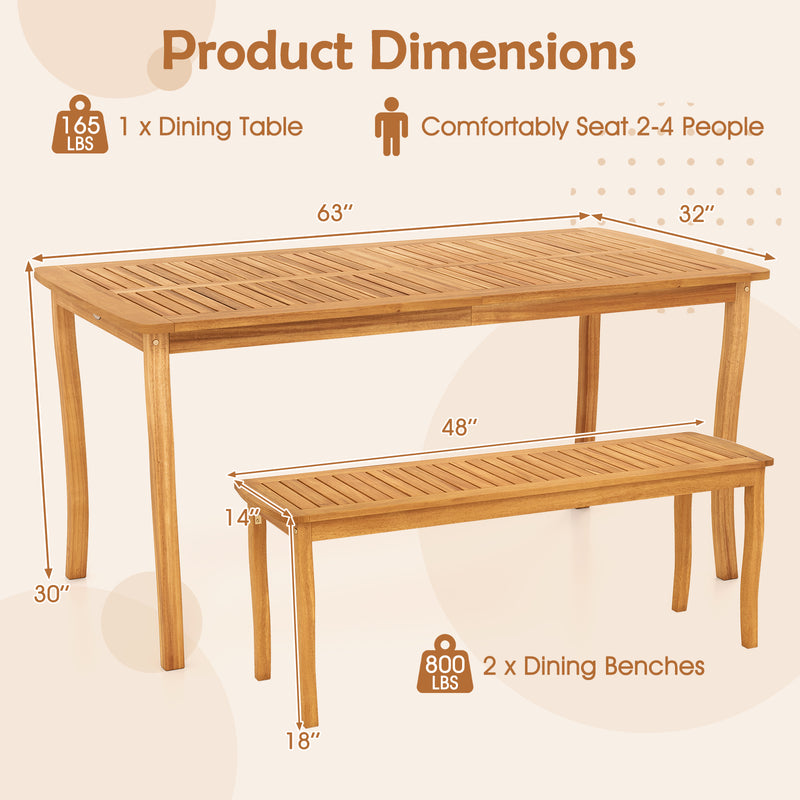 Costway - 3 Pieces Patio Dining Set with Acacia Wood Outdoor Table and Benches