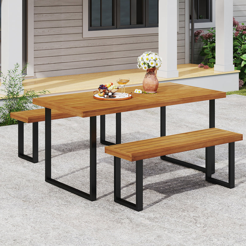 Costway - 3 Pieces Patio Dining Table Set 63” Rectangle Table and 2 Backless Bench