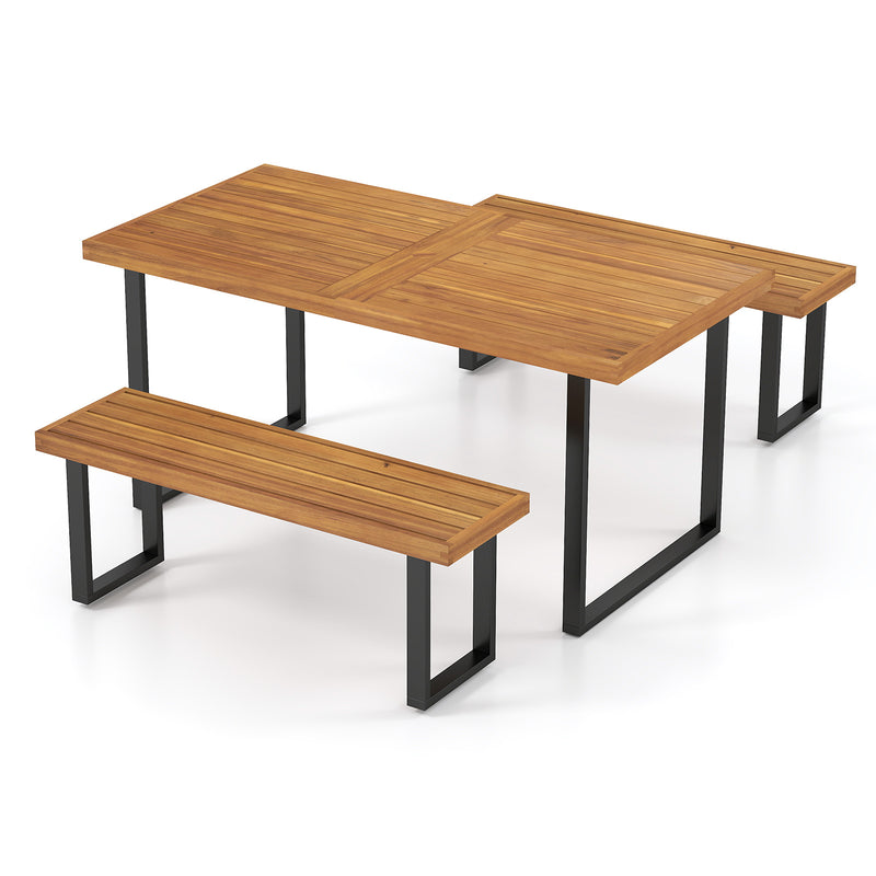 Costway - 3 Pieces Patio Dining Table Set 63” Rectangle Table and 2 Backless Bench