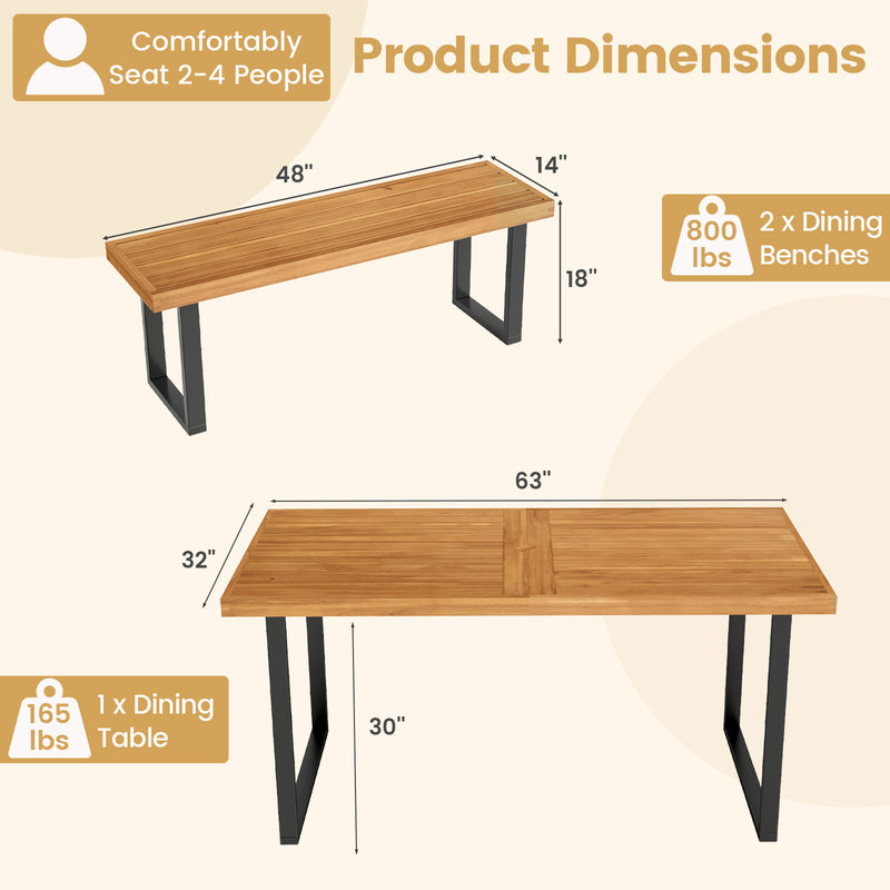 Costway - 3 Pieces Patio Dining Table Set 63” Rectangle Table and 2 Backless Bench