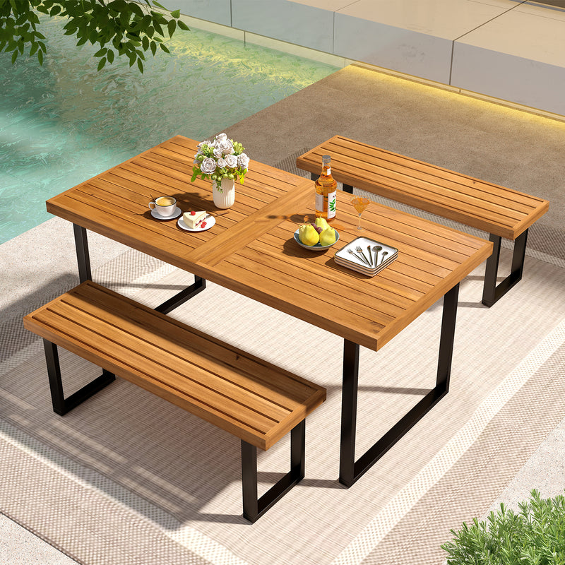 Costway - 3 Pieces Patio Dining Table Set 63” Rectangle Table and 2 Backless Bench