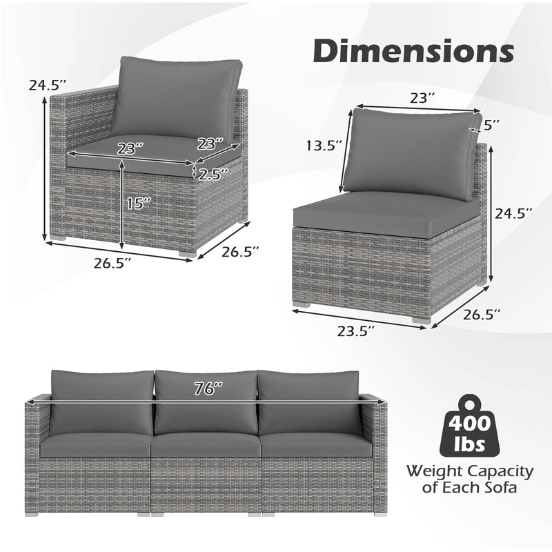 Costway - 3 Pieces Patio Sectional Sofa Set PE Rattan Modular Couch Furniture Set with Soft Cushions-Gray