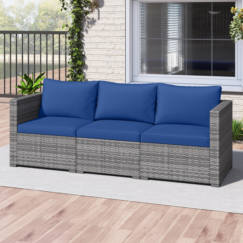 Costway - 3 Pieces Patio Sectional Sofa Set PE Rattan Modular Couch Furniture Set with Soft Cushions-Navy